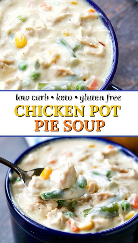 Easy Low Carb Chicken Pot Pie Soup - easy to make and healthy with cauliflower cream! #glutenfree #potpiesoup #lowcarbsoup #ketorecipe #chickenpotpie #creamsoup #healthysoup #easyrecipe Low Carb Chicken Pot Pie, Gluten Free Chicken Pot Pie, Cauliflower Cream, Healthy Chicken Pot Pie, Keto Gluten Free, Chicken Pot Pie Soup, Pot Pie Soup, Soup Easy, Resep Diet