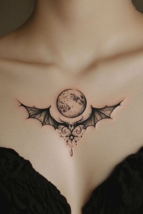 Women's Chest Tattoo Ideas, Underbust Tattoos For Women, Nyx Tattoo Ideas, Hip Tattoos Women Moon, Elegant Chest Tattoo Female, Bat Tattoo Women, Chest Woman Tattoo, Bat Sternum Tattoo Women, Gothic Sternum Tattoo Women