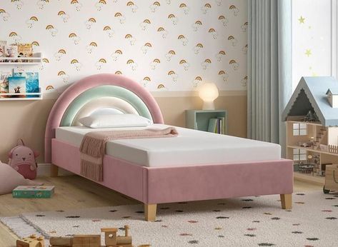 Single Bed Design For Girls Room, Rainbow Bed Frame, Single Bad Design, Kids Bed Headboard Design, Single Beds For Kids, Pastel Rainbow Room, Single Bed Design, Kids Single Bed, Rainbow Kids Room