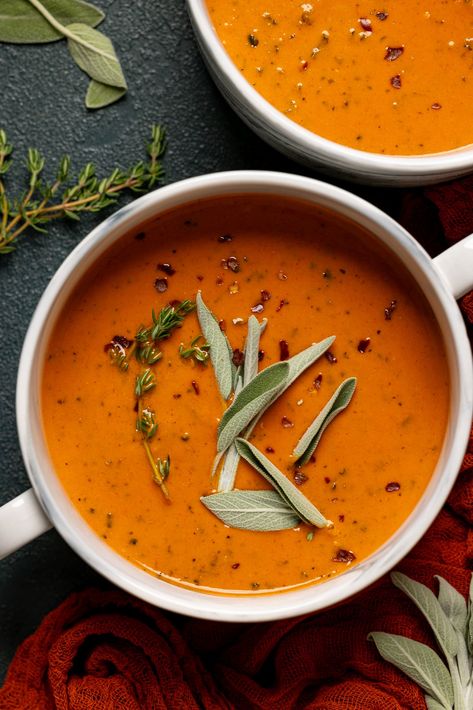 Creamy Roasted Red Pepper + Tomato Soup Onion Substitute, Red Pepper Tomato Soup, Tomato Soup Grilled Cheese, Healthy Hearty Meals, Roasted Red Pepper Soup, Red Pepper Soup, Roasted Butternut Squash Soup, Basil Soup, Red Bell Peppers