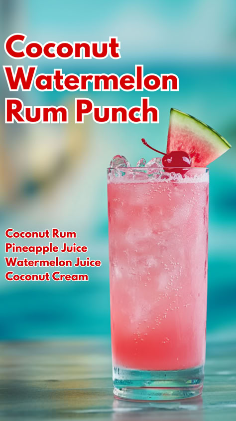 Coconut Watermelon Rum Punch Parrot Bay Coconut Rum Drinks, Tropical Food Ideas, Pineapple Alcohol Drinks, Coconut Cocktails, Watermelon Cocktails, Rum Punch Cocktail, Coconut Rum Drinks, Cocktail Cards, Bartender Drinks Recipes