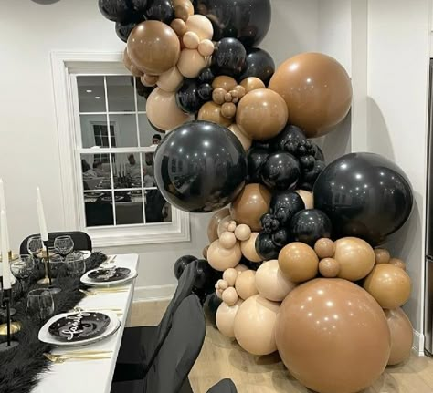 30th Birthday Ideas For Men Decorations Balloons, Black And Brown Birthday Decor, Black Brown Birthday Decor, 21st House Party Ideas Decorations, Balloon Colors For Men, Black And Neutral Balloon Garland, Black And Tan Balloon Arch, Mens Birthday Balloons, Black And Brown Party Theme