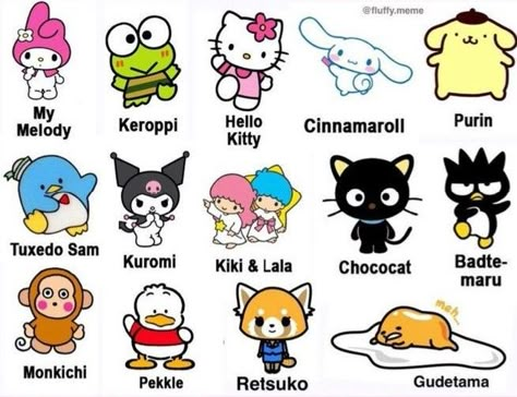 Personagens de hello kitty Hello Kitty Names Friends, Hello Kitty’s Friends, Hello Kitty Friends Drawing, Hello Kitty Friends Name, Hello Kitty And Friends Names, Hello Kitty Sanrio Characters, Different Hello Kitties, All Sanrio Characters Names, How To Draw Hello Kitty Characters