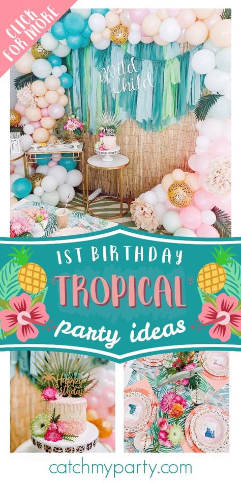 Luau 2nd Birthday Party, Tropical Two Birthday, 1st Birthday Tropical Theme, Tropical 1st Birthday Party Girl, First Birthday Tropical Theme, Tropical First Birthday Party, Hawaiian 2nd Birthday Luau Party, Luau First Birthday Girl, First Birthday Luau Girl