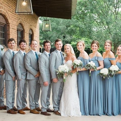 Groomsmen Colours, Gray Groomsmen Suits, Wedding Party Groomsmen, Bridal Party Groomsmen, Bridal Parties Colors, Groomsmen Grey, Wedding Parties Colors, Dusty Blue Weddings, Bridal Party Photos