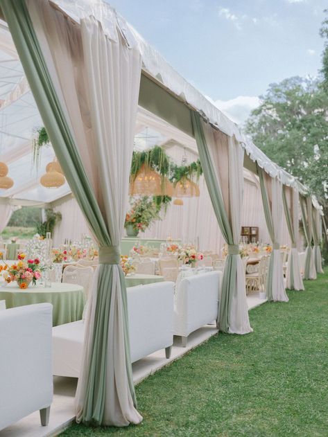 The Social Spool draped this Kiawah River tent in a soft neutral lined in a sage green. Green Wedding Reception, Tent Draping, Outdoor Reception, Outdoor Tent, Destination Wedding Planner, Green Wedding, Charleston Sc, Quince, Quinceanera