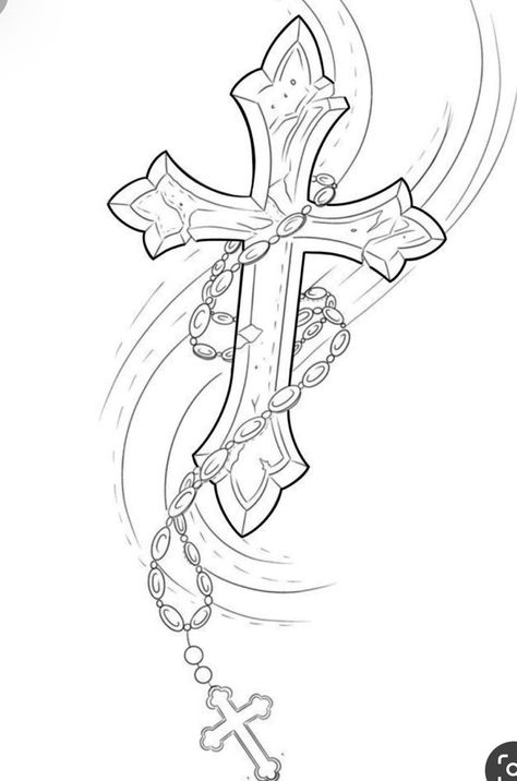 Cross Rosary Tattoo Design, Cross With Rosary Tattoo Design, Rosary Drawing Sketch, 3 Crosses Tattoo Stencil, Cross Memorial Tattoos, Rosery Beads Tattoo, Cross Tattoo Outline, Cross Tattoo Stencil, Rosary Tattoo Design