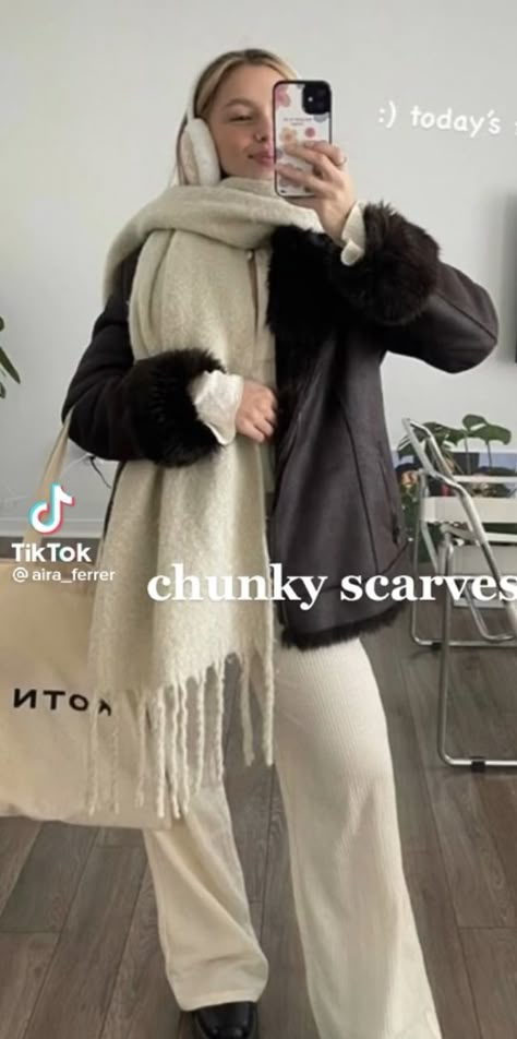 Woolen Scarf Outfit, Chunky White Scarf, Huge Scarf Outfit, Chunky Scarf Aesthetic, Fluffy Scarf Outfit, Winter Scarf Aesthetic, White Longsleeves Outfit, White Scarf Outfit, Chunky Scarf Outfit