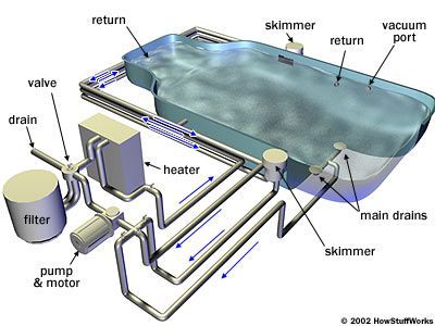 Excellent article from HowStuffWorks about all things pool-related. (Note this link is to page 3 of the article.) Swimming Pool Plumbing, Skimmer Pool, Pool Plumbing, Swimming Pool Maintenance, Pool Sand, Swimming Pool Construction, Diy Swimming Pool, Small Pool Design, Swimming Pools Inground