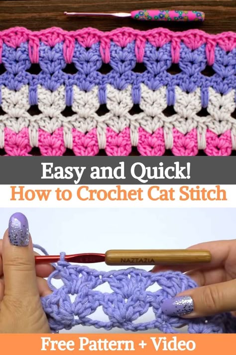 The crochet cat stitch is an easy pattern that works quickly. You can knit a blanket and more with this cat stitch! If you look closely, you can see the outline of the cats in this crochet stitch pattern. There are pointy ears, a face, an upper body, and fluffy dangling legs. This is a good pattern for a crocheted blanket or crocheted scarf for a cat lover. This pattern is a quick and easy crochet pattern, as long as you know how to double crochet. A basic shell stitch makes up... Crochet Cat Stitch Blanket Pattern, Crochet Cat Stitch Scarf, Crochet Cat Pattern Blanket, Cat Stitch Crochet Blanket, Cat Crochet Stitch Pattern, Best Crochet Stitch For Scarf, Cat Stitch Pattern, Crochet Cat Stitch Pattern, Crochet Cat Accessories Free Pattern