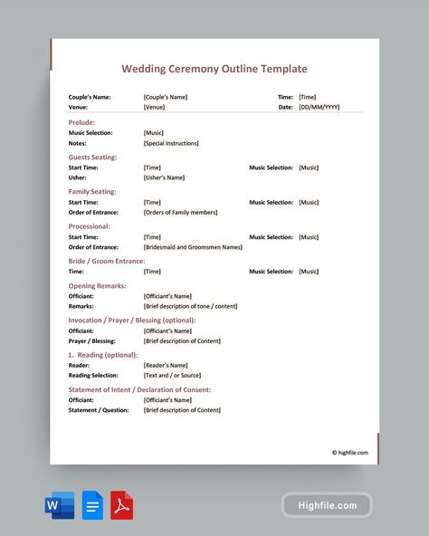 Wedding Ceremony Outline Template - Word | PDF | Google Docs - Highfile Wedding Outline, Wedding Ceremony Outline, Ceremony Outline, Wedding Ceremony Music, Outline Template, Ceremony Music, Template Word, Bridesmaids And Groomsmen, Google Docs