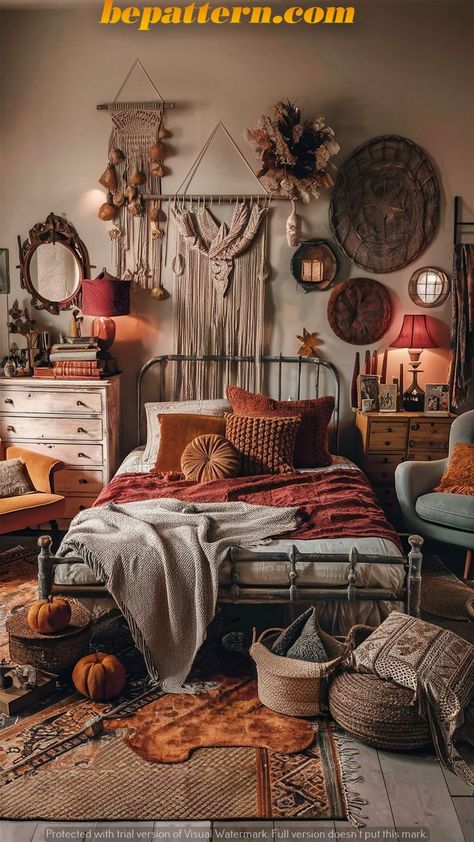 Burnt Orange Bedroom Decor, Ponytail Side Bangs, Burnt Orange Room, Burnt Orange Rooms, Boho Family Room, Orange Bedrooms, Bedroom Autumn, Burnt Orange Bedroom, Rustic Shelving Unit