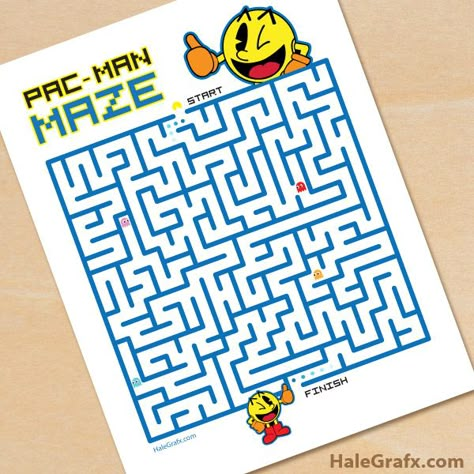 Free printable Pac-man maze Pacman Party Games, Pacman Printables Free, Pac Man Party Ideas, Pacman Party Ideas, Pac Man Birthday Party, Pacman Birthday Party, Pacman Birthday, Pac Man Maze, Arcade Birthday