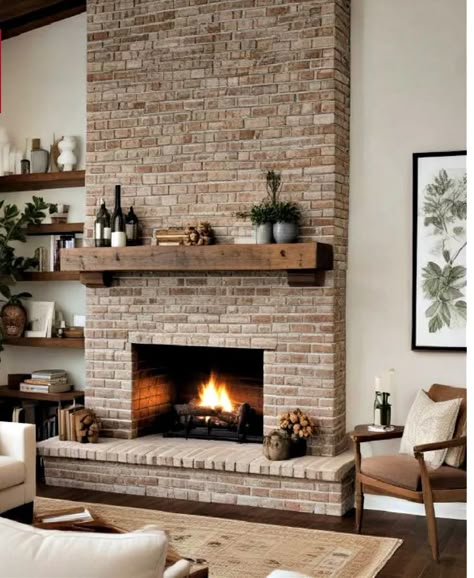 Living Room Inspiration Brick Fireplace, Brick Fireplaces Ideas Living Rooms, Brick And Stone Fireplace, Remodel Brick Fireplace, Tan Brick Fireplace, Fireplace Brick Wall, Natural Brick Fireplace, Living Room Brick Fireplace, Brick Fireplace Living Room