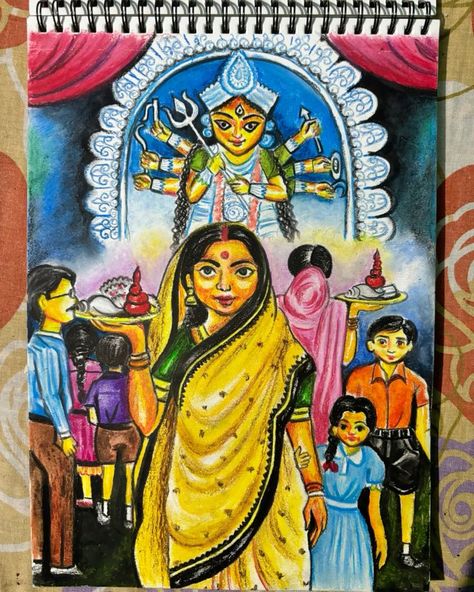 Durga Puja Senary Drawing, Durga Puja Festival Drawing, Durga Puja Composition Drawing, Durga Painting For Kids, Durga Puja Scenery Drawing, Durga Puja Drawing Easy, Durgapuja Drawing, Durga Drawing For Kids, Durga Puja Drawing For Kids