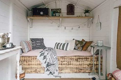 Living in a Shed? An In Depth Guide To Turning A Shed Into A Tiny Home | The Tiny Life Shed Bedroom Ideas, Small Summer House, Living In A Shed, Summer House Interiors, Shed Makeover, Shed Decor, Shed Interior, Summer House Garden, Boho Furniture