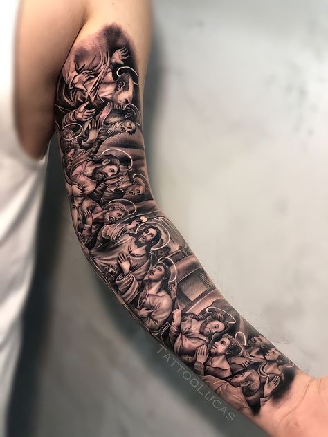 Religous Tattoo Designs Men, Jesus Tattoo Sleeve, Religous Tattoo, Rose Neck Tattoo, Clock And Rose Tattoo, Tato Maori, Headdress Tattoo, Inner Bicep Tattoo, Christian Sleeve Tattoo