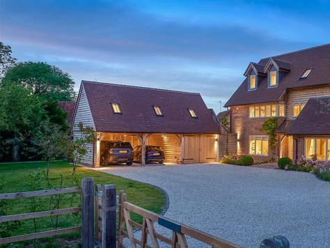 Oak frame room above garages | Oakwrights Country House Uk, Garage Facade, Garage With Room Above, Room Above Garage, Oak Frame House, Self Build Houses, House Extension Design, Self Build, Countryside House