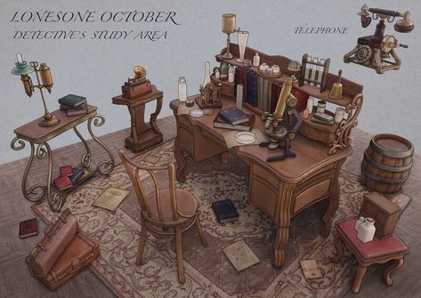 ArtStation - Lonesome October -Detective's Study Area, Hsiao Tuo-Shen Steampunk Detective, Props Art, Study Area, Environment Art, Futuristic Art, Study Areas, Prop Design, Environmental Art, Detective