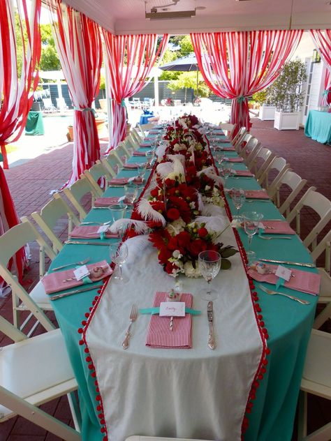 Teal, red and white, streamers create a tent. Pavilion Decorations, Goku Birthday, Elena Birthday Party, Balloon Room, Vintage Carnival Party, Vintage Circus Party, Park Party, 50s Party, Backyard Parties