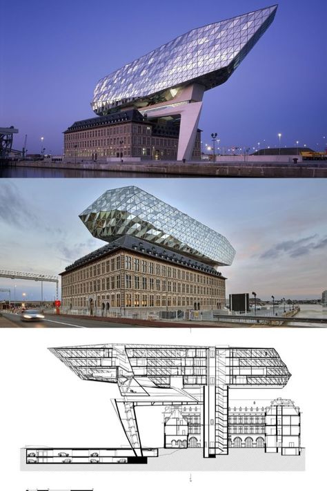 Dominating the skyline of Antwerp, the new headquarters for the Antwerp Port Authority on the Kattendijk dock, the Port House has been completed and officially opened today. The project is one of the last monumental designs by Zaha Hadid Architects in Belgium. A masterfully renovated and extended fire station, that is designed to bring together under a single roof the Belgian city’s some 500 port authority staff while referencing in its design some of Antwerp’s key features. Zaha Hadid Projects, Zaha Hadid Architecture, Zaha Hadid Design, Masters Thesis, Geometric Architecture, Zaha Hadid Architects, Travel History, Port Authority, Zaha Hadid