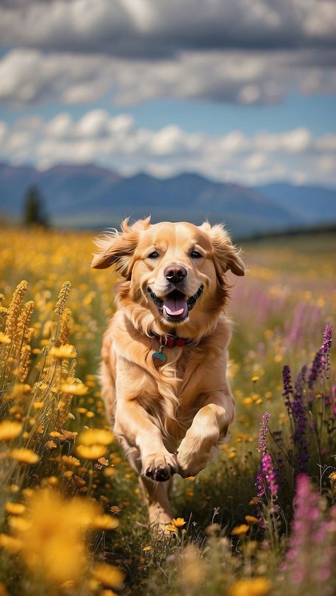 Running Field, Animal Language, Golden Retriever Wallpaper, Wallpaper Dog, Dog Running, Field Flowers, Cute Wallpaper, Flowers Summer, Art Animals