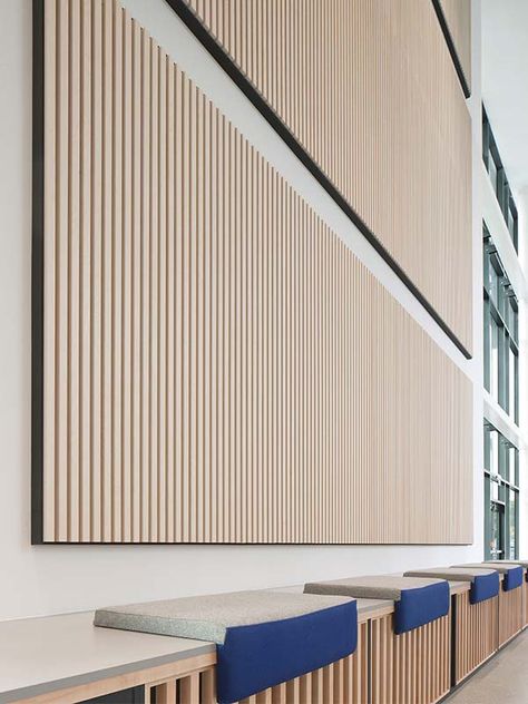 Decorative Acoustic Panels At Lanarkshire Campus | Gustafs Scandinavia Acoustic Panels Diy, Soundproofing Walls, Soundproof Panels, Sound Panel, Wall Paneling Diy, Wall Panel Design, Acoustic Design, Wooden Wall Panels, Acoustic Wall Panels