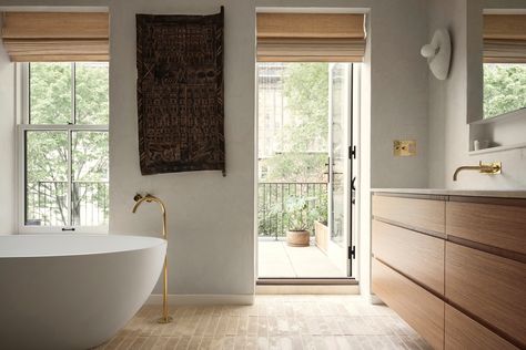 Adrienne Totoro's Brooklyn Brownstone Artfully Updated by Bangia Agostinho Brownstone Bathroom, Marvin Windows, Brooklyn Brownstone, Artisan Tiles, Cle Tile, Vintage Stool, The Local Project, Brick Flooring, Tile Projects