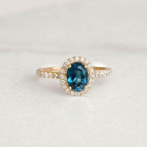 Oval London Blue Topaz Halo Ring 14k Gold - Suna Blue Topaz Halo Ring, Blue Topaz Rings, Puffy Heart Necklace, London Blue Topaz Engagement Rings, Topaz Rings, Blue Topaz Engagement Ring, Gold Topaz, Topaz Engagement Ring, London Blue Topaz Ring