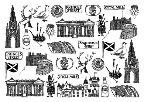 A beautifully illustrated Scotland Card. Drawn from our seaside studio in Brighton this beautiful cards are illustrated with popular Scotland attractions including Edinburgh Castle, haggis and the National Gallery. All our cards are digitally printed in black ink onto 300gsm card. All cards come with a white envelope and are individually wrapped in a cellophane sleeve and packaged in a stripy paper bag. Blank inside.          Size: A6 - Width: 14.9cm x Height: 10.5cm Price: £3.50 each or: 2 for Edinburgh Tattoo Ideas, Scotland Inspired Tattoo, Scotland Tattoo Ideas For Men, Scotland Stamp Tattoo, Scottish Illustration, Scotland Tattoo Ideas, Scotland Travel Journal, Dainty Tats, Edinburgh Tattoo