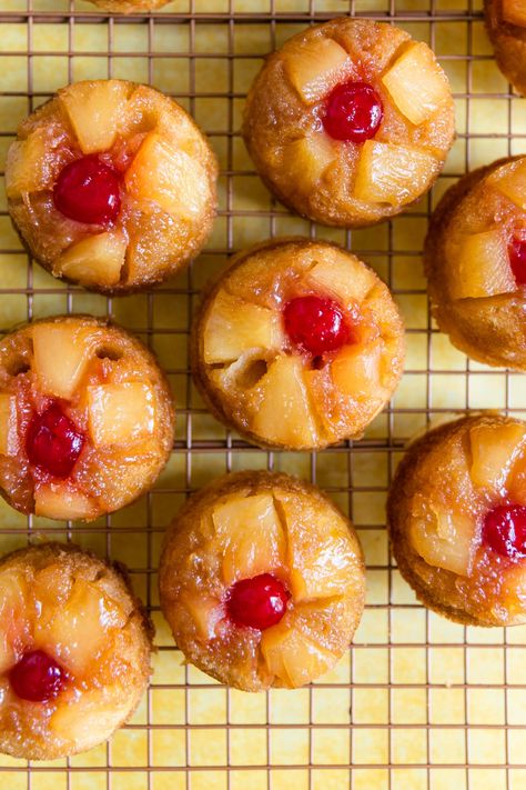 From Scratch Pineapple Upside Down Cupcakes Recipe With Pineapple Chunks, Brick Toast, Hawaiian Party Food, Fun Easy Desserts, Upside Down Cupcakes, Cupcakes From Scratch, Mini Pineapple Upside Down Cakes, Luau Party Food, Pineapple Upside Down Cupcakes