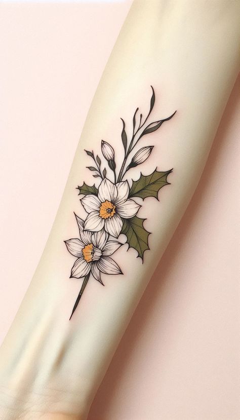 Minimal Watercolor Holly & Narcissus Tattoo – December Birth Flower Design Holly Birth Flower Tattoo, December Baby Tattoo Ideas, May Birth Flower Tattoo Hawthorn, Narcissus Flower Tattoo December, Holly Tattoo Flowers, Narcissus And Holly Tattoo, December Birth Flowers, Poinsettia Tattoo, Birth Flower December