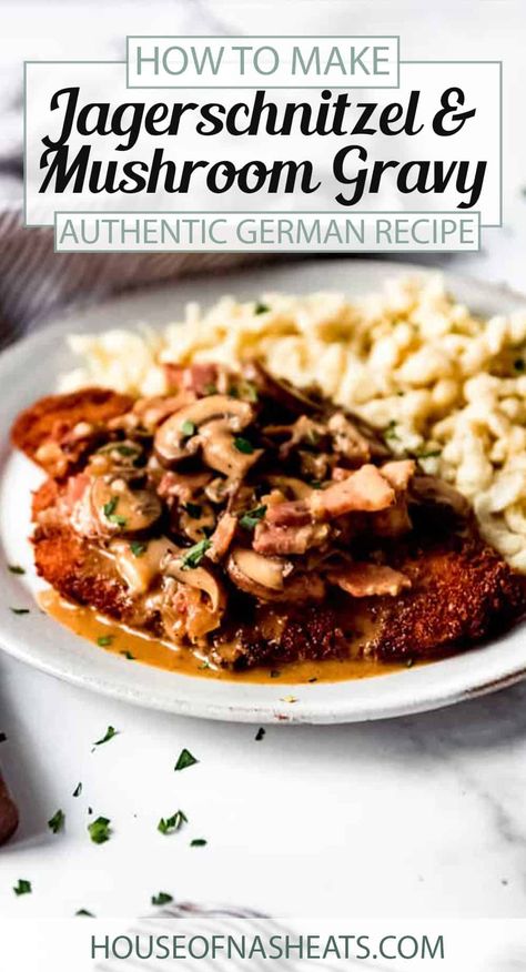 Jagerschnitzel with bacon mushroom gravy will become a family favorite in no time! This easy German dinner recipe is quick to make and perfect with spaetzel, egg noodles, or even mashed potatoes. This easy Jagerschnitzel recipe looks and tastes like you've been in the kitchen all day, but is ready in less than an hour! #schnitzel #jagerschnitzel #german #austrian #porkchops #crisp #breaded #sauce #gravy #bacon #best Jagerschnitzel Recipe, Pork Snitzel, Jaegerschnitzel Recipe, German Dinner Recipes, German Recipes Dinner, German Meals, Pork Schnitzel Recipe, German Dinner, German Schnitzel