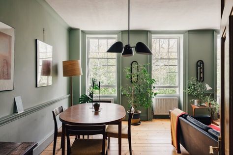 Farmhouse Townhouse, York Stone, Townhouse Interior, Cast Iron Bath, Paint And Paper Library, Mid Century Aesthetic, Wooden Floorboards, London Interior, Mid Century Sofa