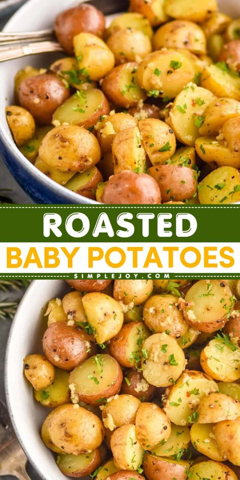 Savor the flavor of Roasted Baby Potatoes, a must-have Thanksgiving side dish idea! With just five ingredients, these baked creamer potatoes with unsalted butter, garlic, Kosher salt, and black pepper make an easy Christmas side dish. Enjoy your feast today! Healthy Small Potato Recipes, Creamy Mini Potatoes, Small Gourmet Potatoes, Kosher Thanksgiving Recipes, Parsley Buttered Potatoes, Lil Potatoes Recipe, Small Russet Potato Recipes, Sides With Potatoes, Whole Potato Recipes