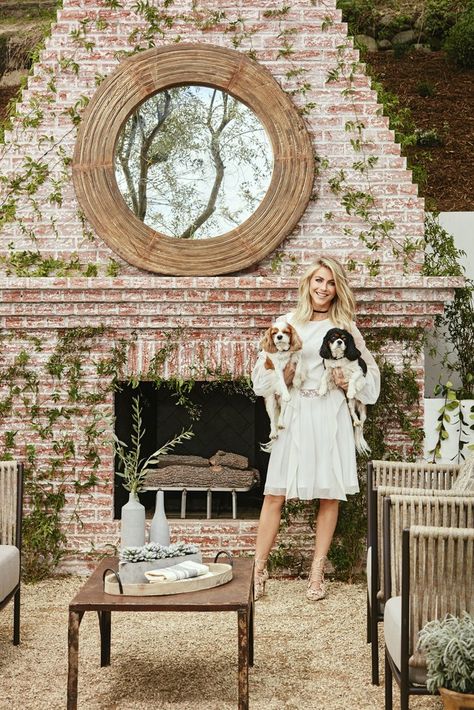 Backyard Entertaining Area, Outdoor Fireplace Designs, Backyard Fireplace, Outdoor Entertaining Spaces, Backyard Entertaining, Julianne Hough, Backyard Retreat, Brick Fireplace, Celebrity Houses