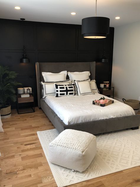 Black Accent Wall Bedroom Gray Headboard, Accent Wall With Grey Bed, Black Accent Wall Bedroom Grey Headboard, Black Panelled Wall Bedroom, Bedboard Designs, Bedroom With Black Wall, Black Accent Wall Ideas, Modern Outdoor Seating Area, Primary Bed