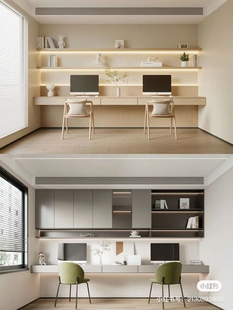 Long Study Table Design, Office Table Middle Of Room, Study Room For 2 People, Double Study Room, Minimalistic Study Room, Open Study Room, Double Study Table, Working Room Design, Home Office Tv Room Combo