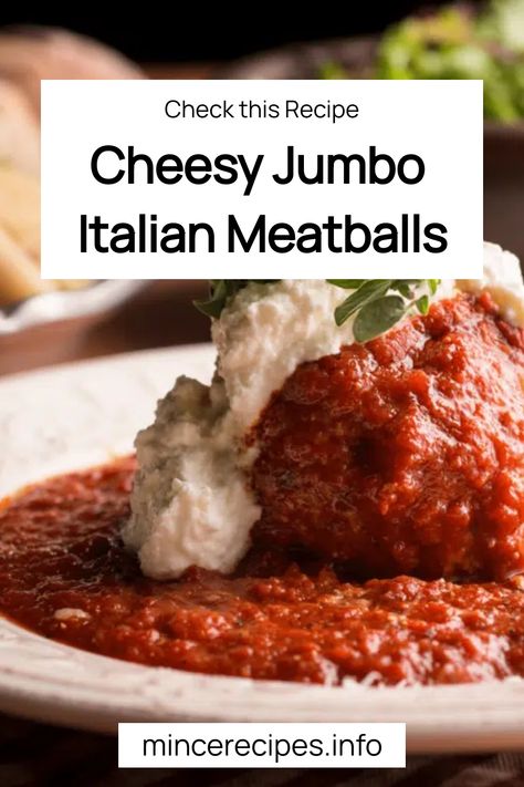 Cheesy jumbo Italian meatball topped with sauce and cheese, served on a bed of tomato sauce. Jumbo Meatballs, Mini Mozzarella Balls, Minced Beef Recipes, Mozzarella Balls, Italian Meatballs Recipe, Minced Meat Recipe, Ground Meat Recipes, Meatball Ingredients, Mince Recipes