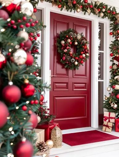 ↑↑↑ Larger size on website 🔸 A red front door is adorned with a Christmas wreath, and the surrounding area is decorated with garl Red And Gold Ornaments, Red Front Door, Wrapped Presents, Spirit Of Christmas, Affordable Decor, Gold Ornaments, Red Door, Christmas Scene, Garland Decor