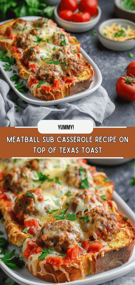 Recipes With Texas Toast, Meatball Sub Casserole, Ground Beef Meatballs, Savory Meatballs, Toast Pizza, Meatball Sub, Meatball Casserole, Meatball Sandwich, Hearty Casseroles