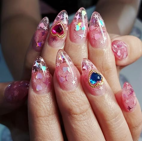 Encapsulated Glitter Nails, Sailor Moon Nails, Clear Acrylic Nails, Moon Nails, Korean Nails, Really Cute Nails, Jelly Nails, Kawaii Nails, Crystal Nails