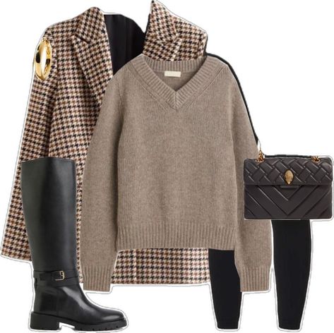 Knee High Boots Flat Outfit, Brown Boots And Leggings Outfit, Blazer Knee High Boots Outfit, Houndstooth Pattern Outfit, Brown Plaid Blazer Outfit Work, Brown Flats Outfit Work, Black Knee High Boots Outfit Casual, Brown Houndstooth Blazer Outfit, Brown Leggings Outfit Fall