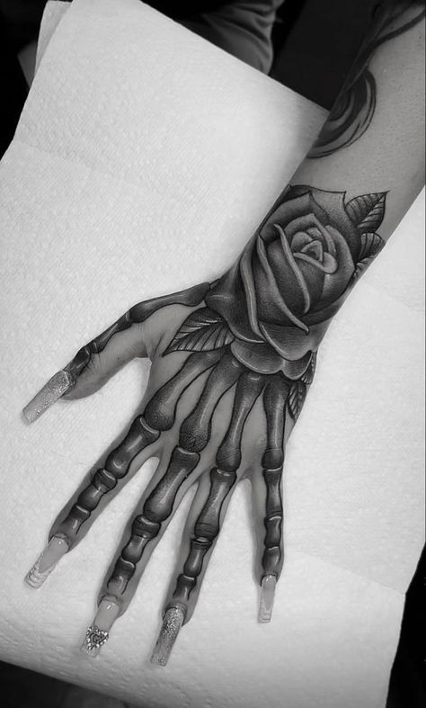 Skull Flower Hand Tattoo, Skelton On Hand Tattoo Stencil, Drawing To Do On Your Hand, Rose Skeleton Hand Tattoo, Tattoo Ideas For Hand, Skeleton Hand Tattoo Stencil, Poison Tree Tattoo, Finger Tattoo Cover Up Ideas, Small Tattoos Hand