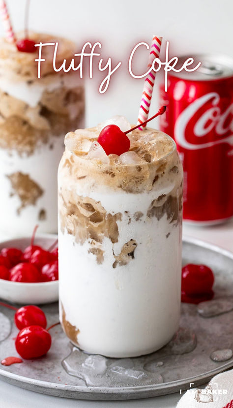 If you want to keep up with a viral drink trend on TikTok, you will want to try this fun-to-make and deliciously sweet drink called Fluffy Coke! It starts with coating the inside of a glass with marshmallow fluff. Then, after the ice is added to the glass, Coke is poured over the top of the ice, creating a creamy, rich drink. Moonshine Ice Cream, Fluffy Coke Drink, Punch Recipes With Ice Cream, Fun Christmas Drinks Nonalcoholic, Desserts With Marshmallow Fluff, Marshmallow Fluff Desserts, Recipes Using Marshmallow Fluff, Wfh Motivation, Elixer Recipes