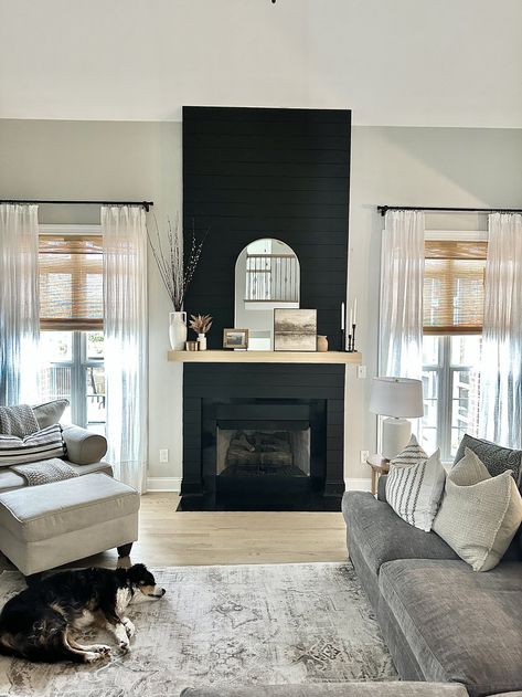 Black Shiplap Fireplace With Wood Mantle, Modern Shiplap Fireplace, Black Shiplap Fireplace, Black Fireplace Wall, Fireplace Shiplap, Modern Shiplap, Diy Shiplap Fireplace, Black Shiplap, Wood Mantle Fireplace