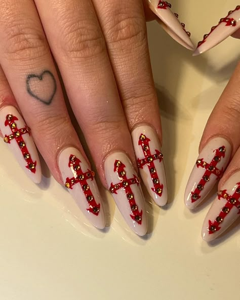 Gem Cross Nails, Crucifix Nail Art, Crosses On Nails, Gothic Cross Nails, Crucifix Nails, Red Nails With Cross, Nails Cross Design, Cross Nails Design, Crosses Nails