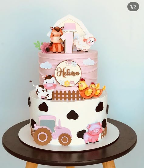 Oink Baa Moo Im Two Cakes, Pink Barnyard Cake, Cow First Birthday Cake, Farm Animal Theme Cake, Farm Baby Shower Cake, Pink Farm Cake, Rodeo Birthday Cake, Farm Birthday Cake, Cow Birthday Cake