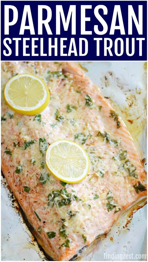 Looking for an easy baked fish recipe? This Parmesan Steelhead Trout Recipe is simple and delicious featuring fresh parsley, garlic, lemon and Parmesan cheese. #fishrecipes #easydinner  #trout #fish #steelhead Recipes For Steelhead Trout, Brown Trout Recipes, Steel Head Trout Recipes Baked, Sea Trout Recipe, Best Trout Recipes, Baked Trout Recipes, Trout Recipes Baked, Baked Steelhead Trout Recipe, Steel Head Trout Recipes