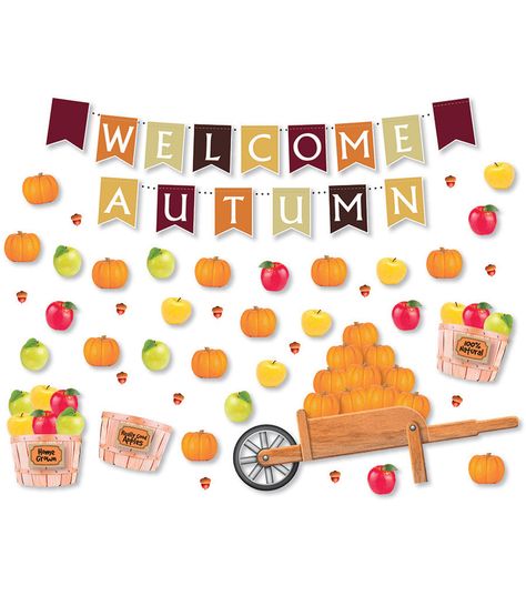 Autumn Bulletin Board, Math Story Problems, 3 Baskets, Summer Bulletin Boards, Fall Flags, Winter Bulletin Boards, Wooden Cart, Fall Bulletin Boards, Welcome Autumn